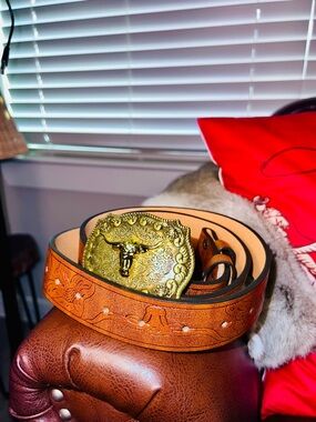 Tooled Leather Western Belt with Ornate Gold Buckle